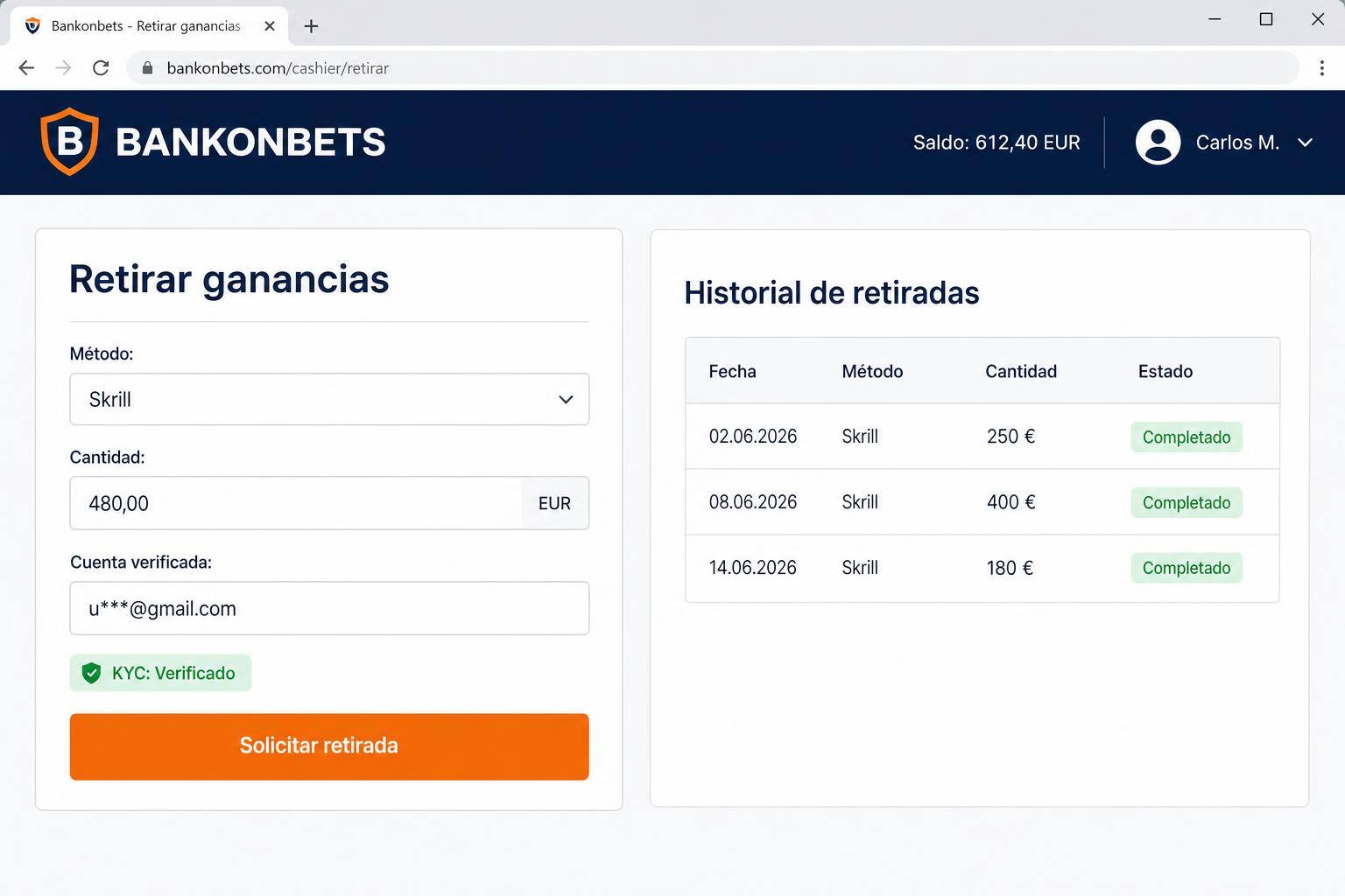 Panel de retiro de fondos en Bankonbet España